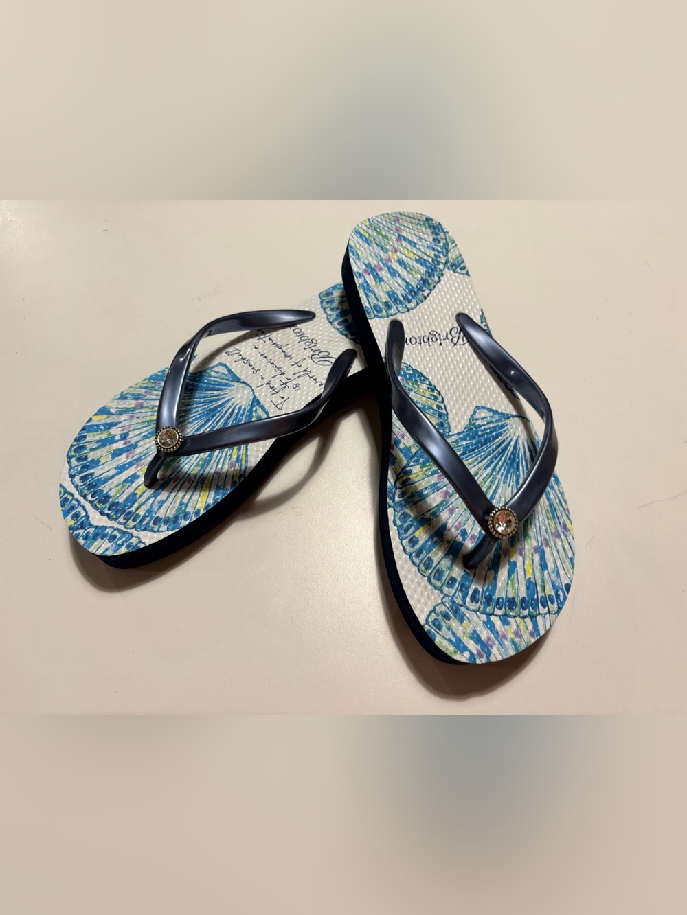 Blue Seashell Tropical Beach Printed Flip Flop Sandals By Brighton